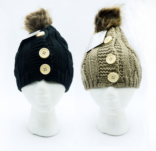HAT LADIES TOQUE W/BUTTONS & POM POM