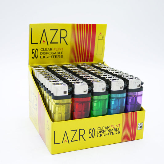 LAZR DISPOSABLE FLINT LIGHTERS IN DISPLAY