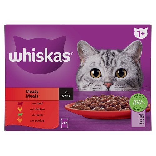 WHISKAS 1+ MEATY MEALS POUCHES IN GRAVY 1020G