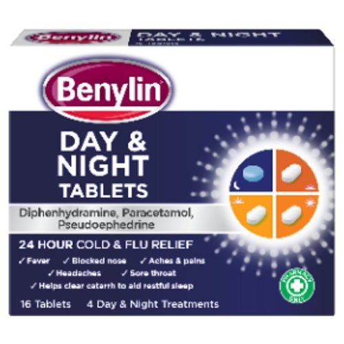 BENYLIN DAY & NIGHT TABS 24HR COLD/FLU RELIEF 16S