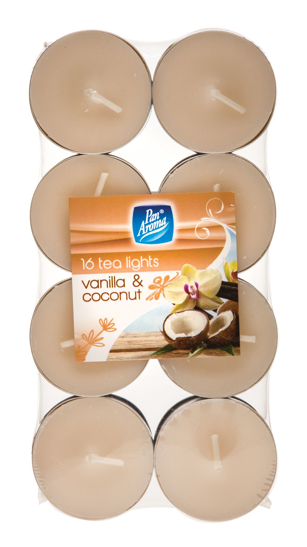 PAN AROMA 16 PACK COLOUR TEA-LIGHTS - VANILLA & COCONUT