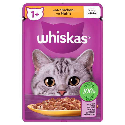 WHISKAS 1+ CAT FOOD POUCH CHICKEN JELLY 26/04/27