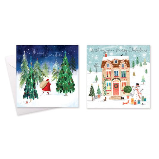 XMAS CARDS SQUARE HOUSE/SANTA (R)