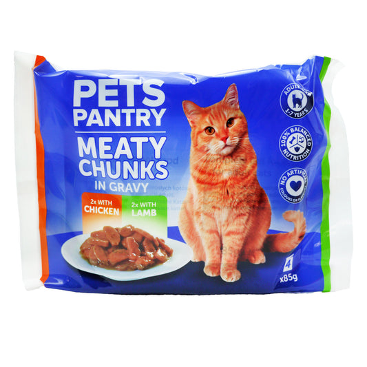 PETS PANTRY MEATY CHNKS GRAVY CAT POUCH 4PK 04/27