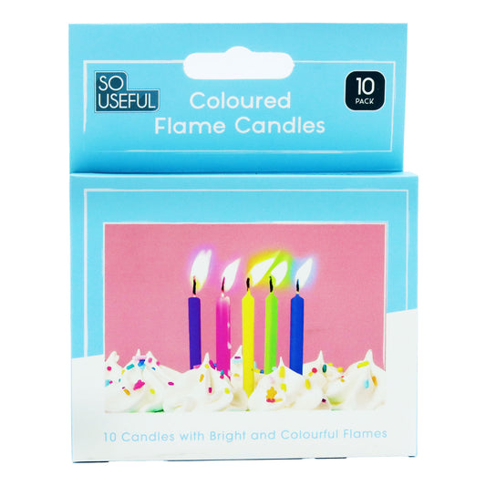 PARTY CANDLES COLOUR FLAME 10PK CLIP STRIP(D)