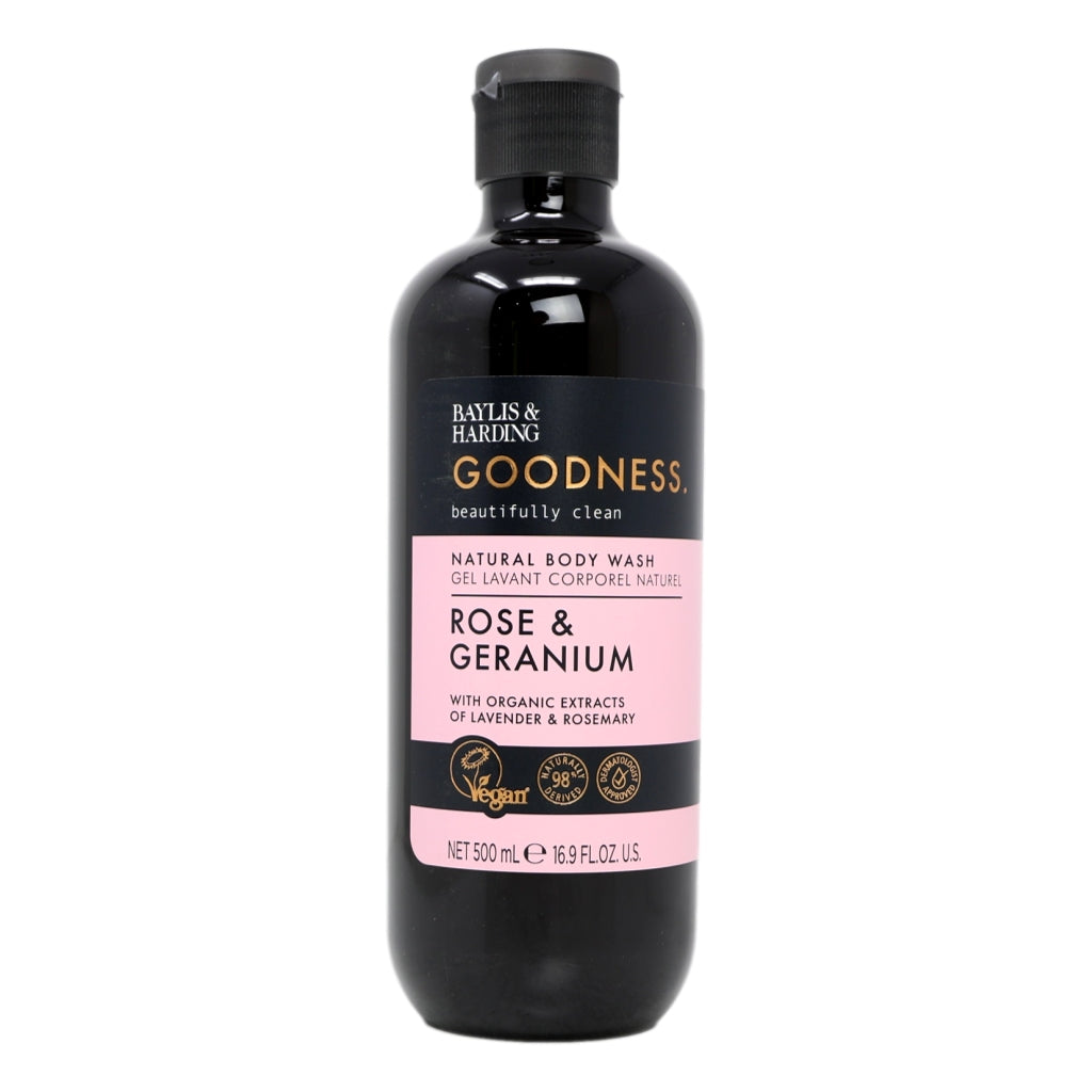 BAYLIS & HARDING GOODNESS BODY WASH 500ML ROSE AND GERANIUM