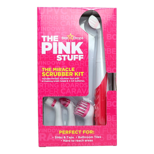 PINK STUFF MIRACLE SCRUBBER KIT 1 SCRUBBER TOOL, 4 BRUSH HEADS, 4 AA BATTERIES