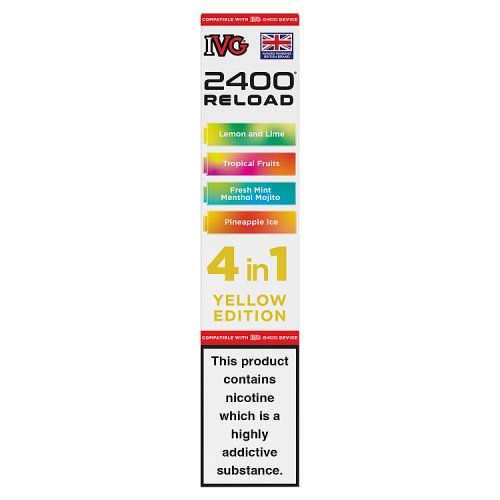 IVG 2400 RELOAD 4 PACK YELLOW EDITION - TROPICAL FRUITS/PINEAPPLE ICE/FRESH MINT MENTHOL MOJITO/LEMO