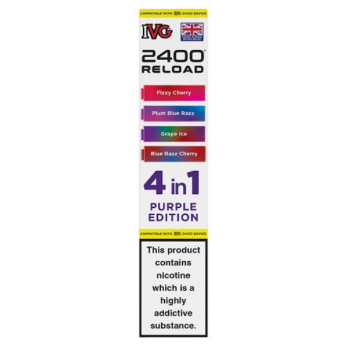 IVG 2400 RELOAD 4 PACK PURPLE EDITION - GRAPE ICE/BLUE RAZZ CHERRY/FIZZY CHERRY/PLUM BLUE RAZZ 20MG